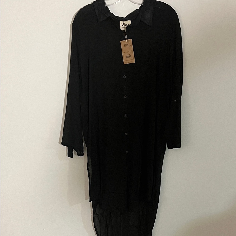 RHEA Black Button-Front Long COLLAR SHIRT BUTTON DOWN
